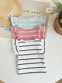 LMoss Kids Baby Girl 3pcs/Set Knit Striped Round Neck Fitted Top Set - Multicolor - View 2