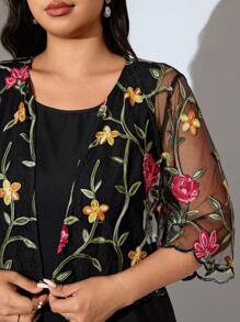 Modelyn 2 件套大码女式花卉刺绣网眼七分袖夹克和连衣裙，优雅 - 黑色 - 查看 1