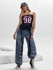 ROMWE Street Life 加州街头风格花卉和数字印花荷叶边短款女上衣 - 黑色 - 查看 1