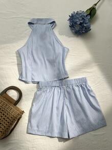 Elamini 2 件女式条纹印花无袖领绣花衬衫和松紧腰休闲短裤套装，春夏 - 藍白色 - 查看 2