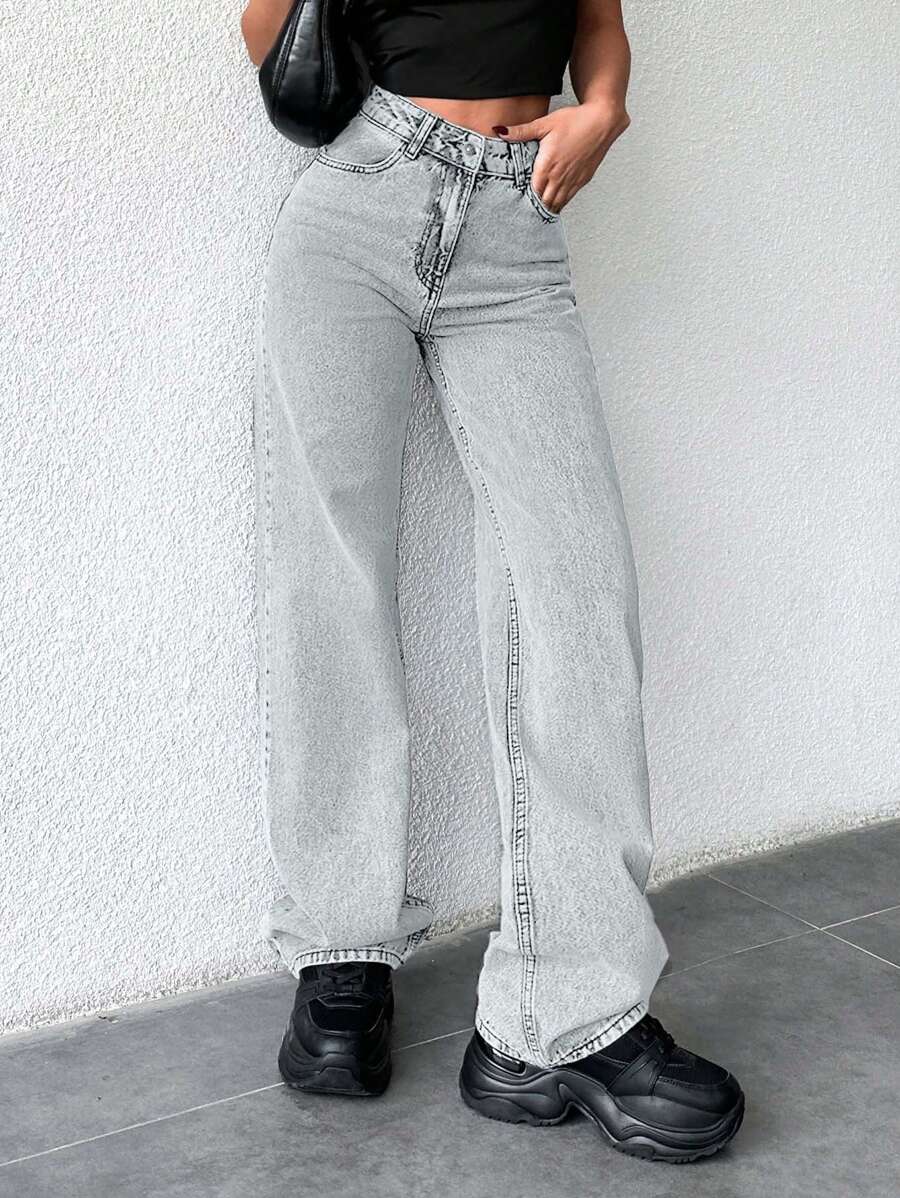 SHEIN Cottnline Women's Loose Straight Leg Jeans With Pockets, Casual & Versatile - Baby Blue - View 1