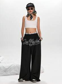 ROMWE Street Life Y2K 街头服饰城市名称刺绣宽松运动裤 - 黑色 - 查看 7