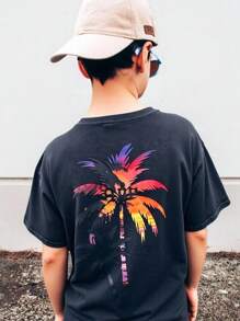 儿童/青少年男童休闲百搭舒适棕榈树图案印花卫衣，宽松版型，短袖 - 黑色 - 查看 1