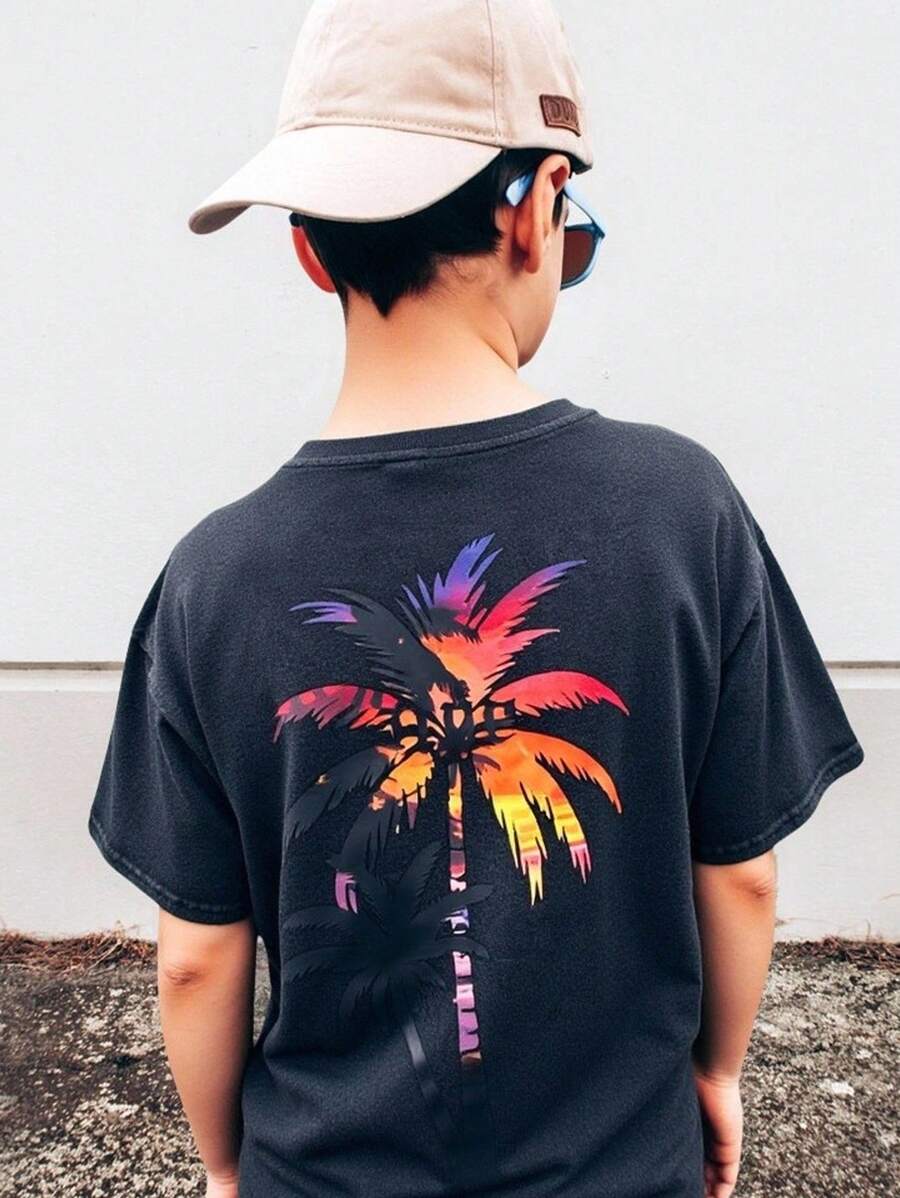 儿童/青少年男童休闲百搭舒适棕榈树图案印花卫衣,宽松版型,短袖 - 黑色 - 查看 1