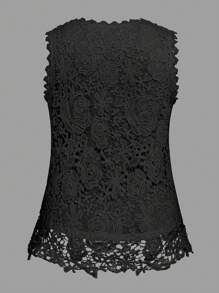 Rometta 大码女式圆领无袖蕾丝拼接优雅吊带背心衬衫 - 黑色 - 查看 2