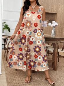 EMERY ROSE فستان صيفي أكبر مقاسات للنساء، أكمام بلا أكمام، برقبة دائرية، به جيوب، بطبعات زهور وجرافيتي على خلفية بِيج، بطراز كاجوال كلاسيكي بسيط، مناسب للخروجات اليومية والعطلات والإطلالات المريحة