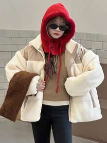 DAZY 青少年（女孩）韩版撞色羊毛拼布休闲棉服冬季外套 - 彩色 - 查看 7