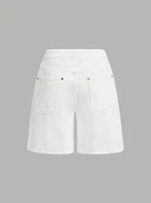 SHEIN MOD Women's Elegant Chic Palace Style White Loose A-Line Gold Button Denim Shorts - White - View 2