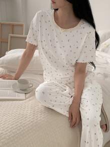 DAZY Ditsy Floral Patchwork Women Pajama Set - White - View 3