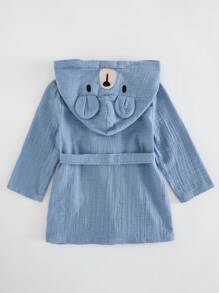 Cozy Pixies Baby Boy Cartoon Bear Pattern 3D Ear Hooded Long Sleeve Tie-Front Robe - Dusty Blue - View 2