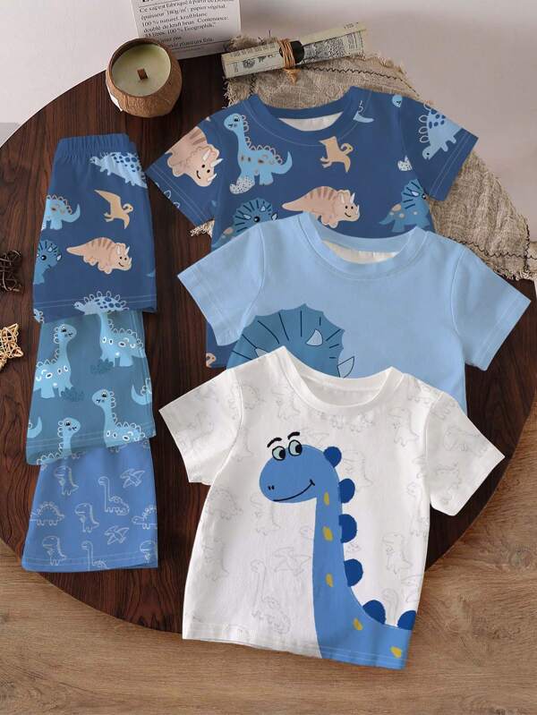 SHEIN Vintaside Kids Set de 3 piezas de camiseta de manga corta y pantalones cortos informales con estampado de dinosaurios de dibujos animados para bebés y niños pequeños, apropiado para uso diario en verano
