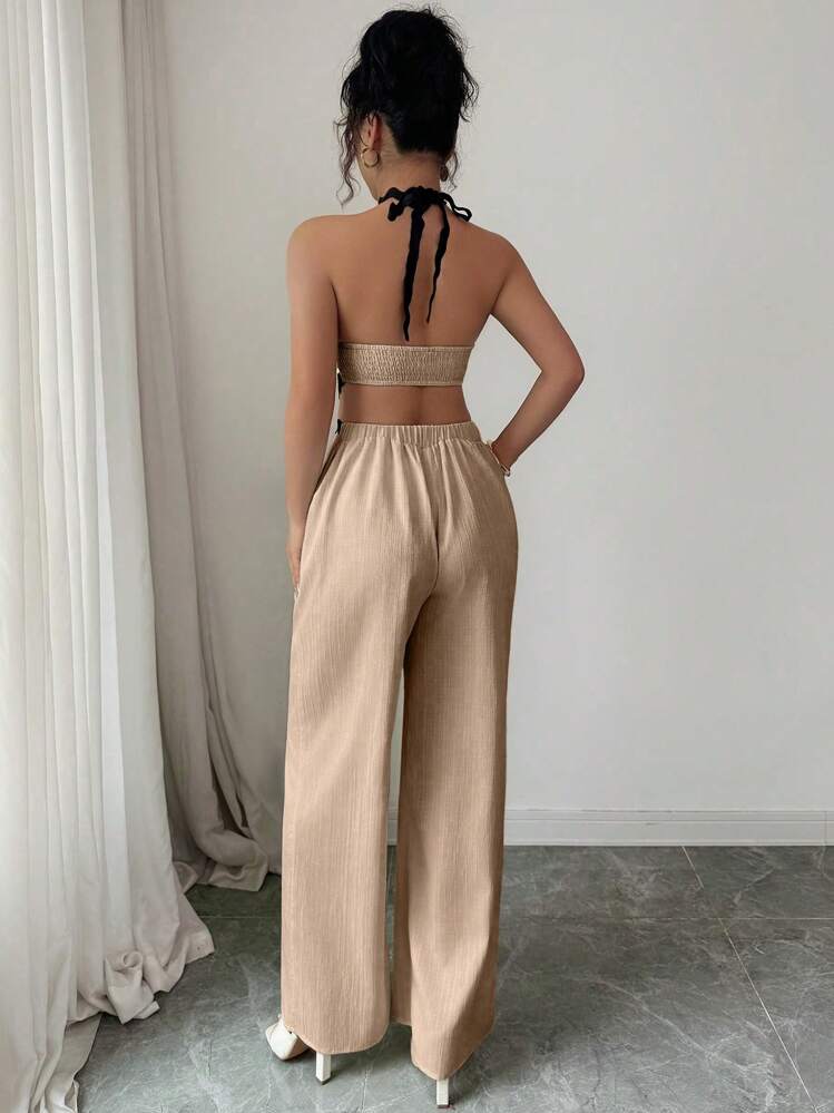 Selianne Monos de moda para mujer con diseño de empalme, textura de volantes ondulados y diseño calado - Caqui - Añade 2