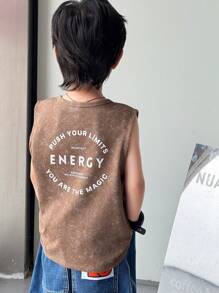 SHEIN Young Boy Letter Print Pattern Washed Loose Knit Casual Top - Brown - View 4