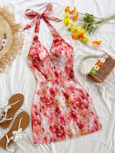Soleia Nuovo mini abito da sole in chiffon con stampa, con stringhe e design traforato, adatto per il tè pomeridiano, la spiaggia, il brunch, gli appuntamenti
