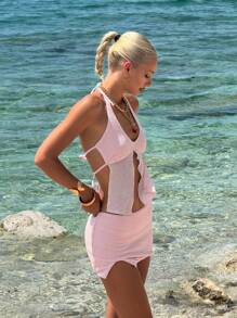 Sweetina 2pcs/Set Women's Vacation Sexy Halter Tie Top With High Slit Mini Skirt - Pink - View 5