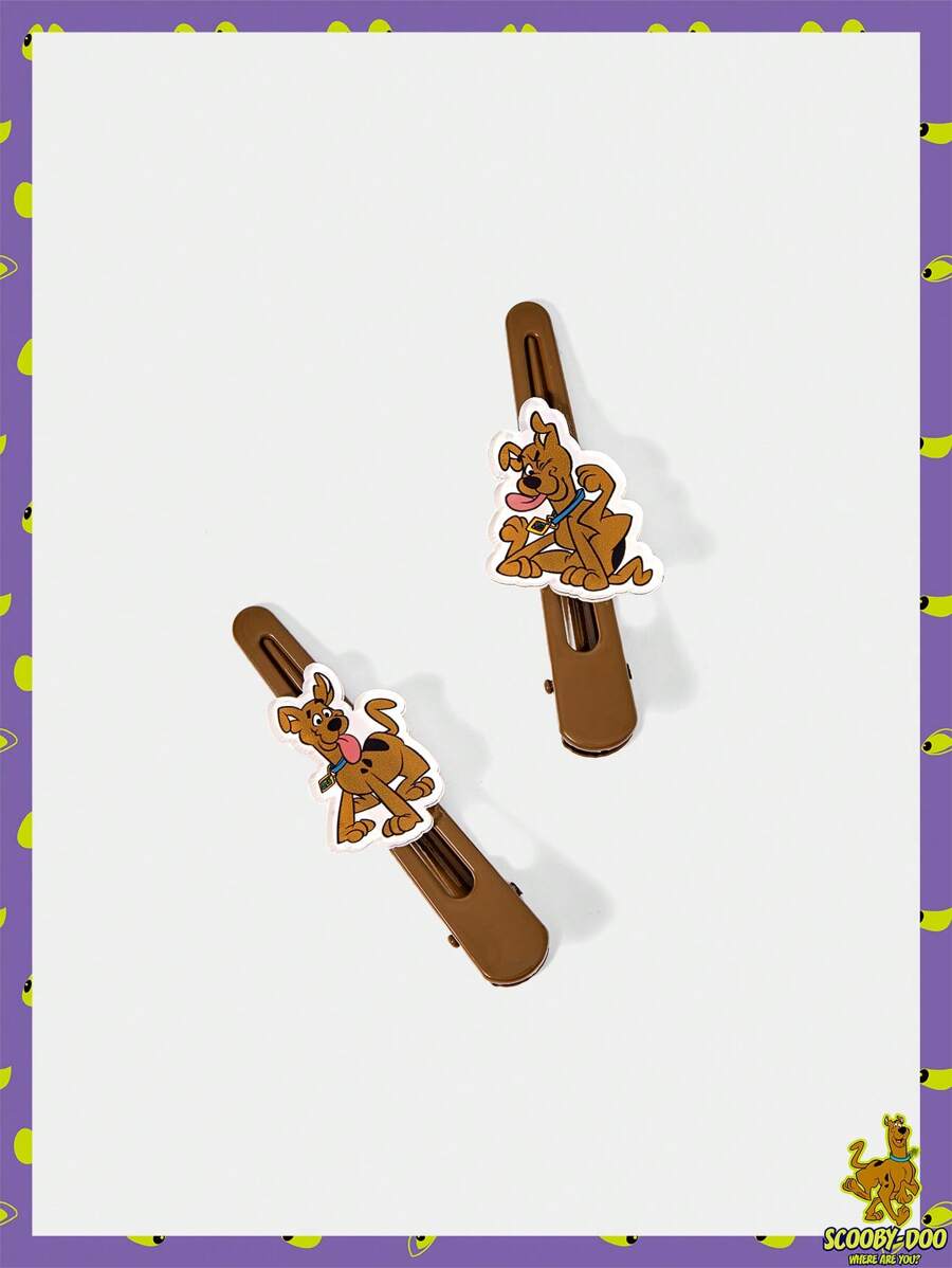 SCOOBY-DOO X SHEIN 2个棕色可爱狗狗图案发夹 - 棕色 - 查看 1