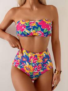 Swim Vcay 2025 花卉印花吊带露脐上衣和高腰短裤比基尼套装（可双面多穿），夏季海滩度假 - 彩色 - 查看 7