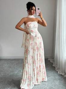 Elenzga Váy lưới chữ A hở vai in hoa thanh lịch lãng mạn cho nữ - Nhiều màu - Xem 1