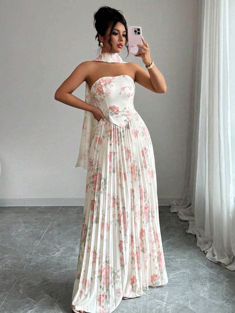 Elenzga Váy lưới chữ A hở vai in hoa thanh lịch lãng mạn cho nữ - Nhiều màu - Xem 1