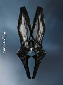 EmpressEnvy 3-Piece Mesh & Faux Leather Hollow-Out, Rhinestone Buckle, Lace-Up, Deep V-Neck Bodysuit, Slimming & Charming, Black, Suitable For Bar Party, Club, Music Festival, Sexy Women - Black - View 8