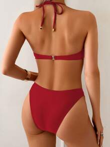 Swim Chiccia 2025 年夏季女式金属环装饰抽绳挂脖系带比基尼套装，度假海滩泳衣 - 紅色 - 查看 2