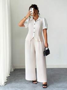 Elenzga Bộ quần áo công sở thanh lịch cỡ lớn, mùa hè - Màu Khaki - Xem 1