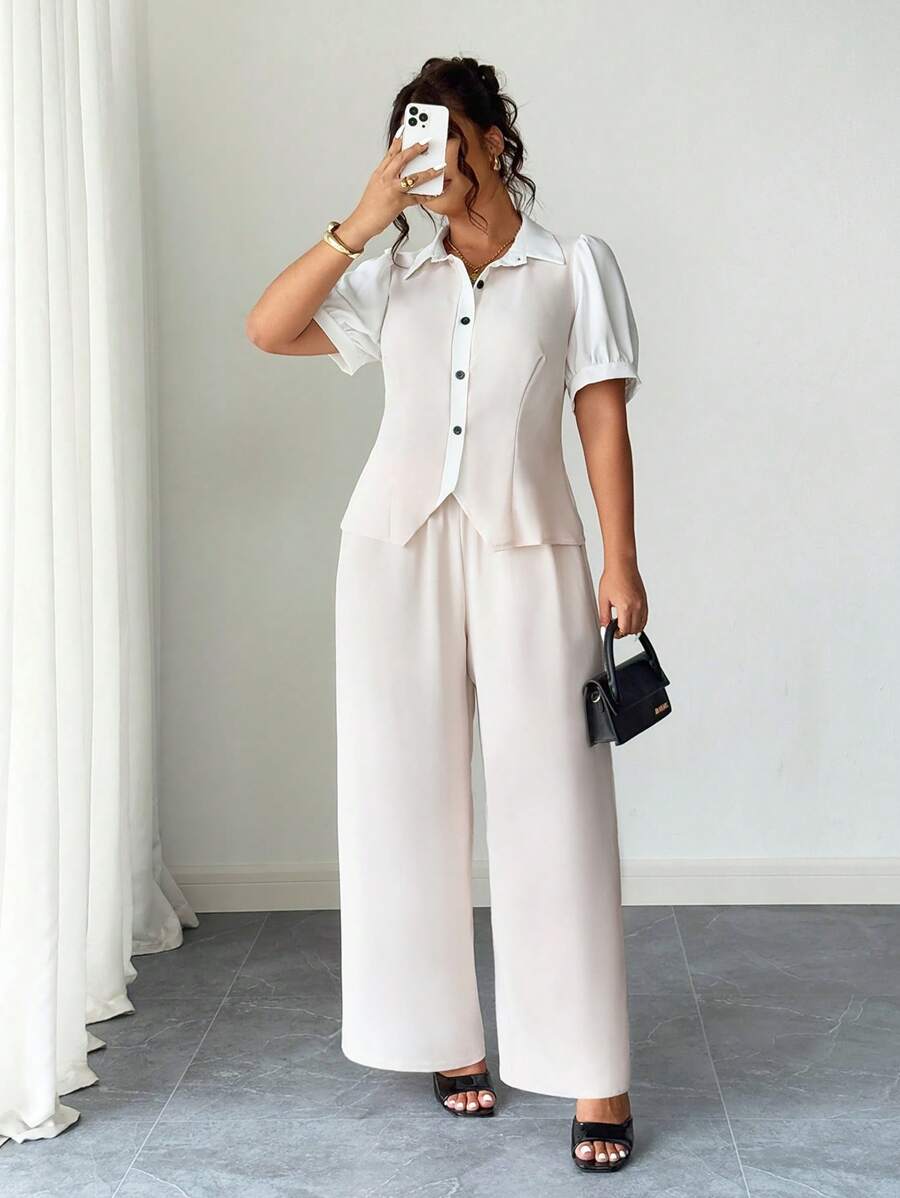 Elenzga Bộ quần áo công sở thanh lịch cỡ lớn, mùa hè - Màu Khaki - Xem 1