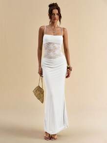 SHEIN BAE Women's Summer Sexy Vacation Lace Patchwork Sheer Back Pleated Bodycon Spaghetti Strap Dress,Fall Wedding Guest Dress,Valentine's Day,Valentine Outfits For Women - White - View 4