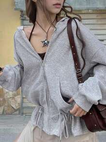 Jouncy 女式字母印花落肩长袖拉链连帽夹克 - 灰色 - 查看 1