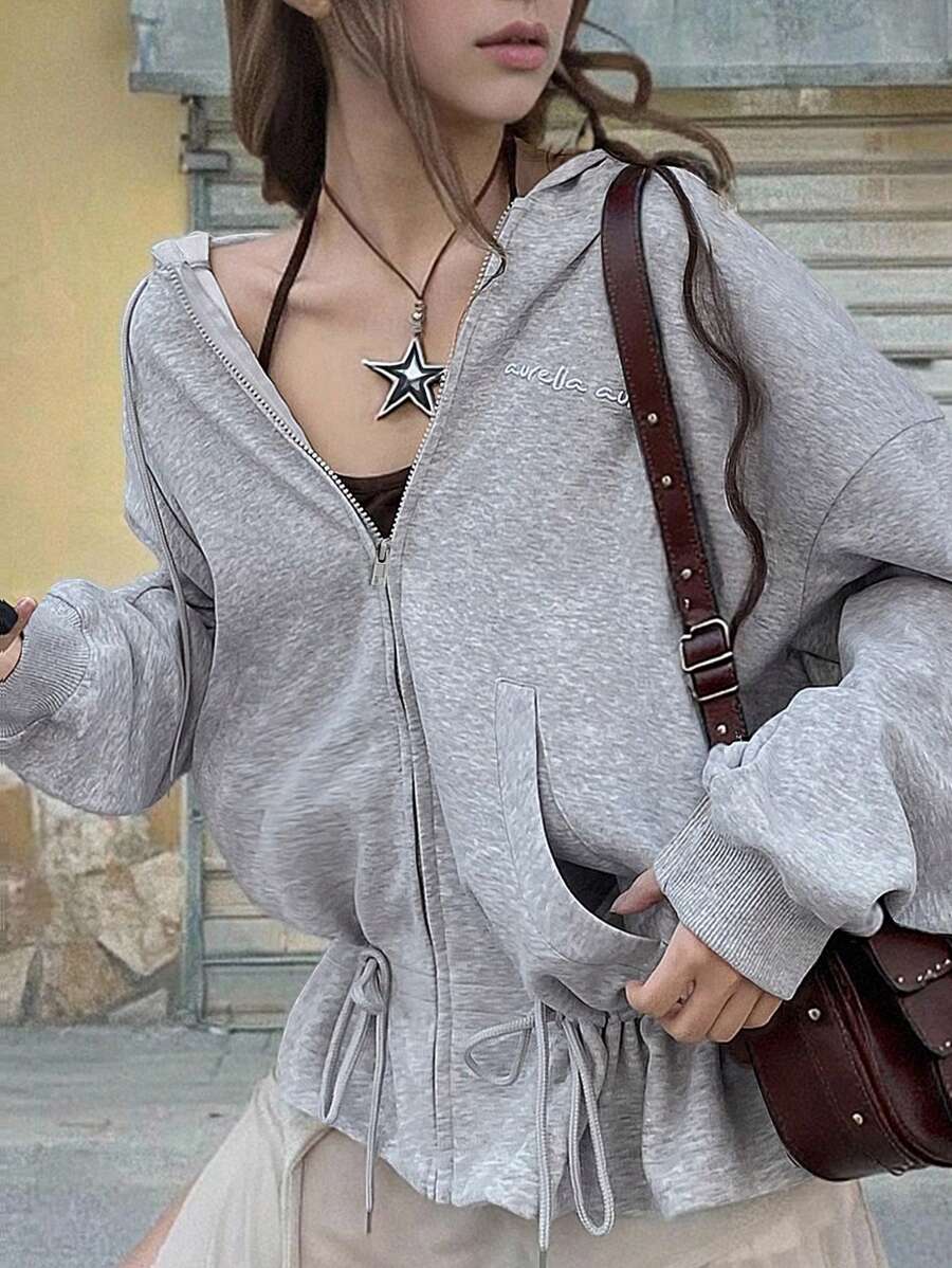 Jouncy 女式字母印花落肩长袖拉链连帽夹克 - 灰色 - 查看 1