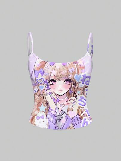 Anime Top sexy de señora con estampados de personaje de dibujos animados Kawaii, moño y paleta, color morado adecuado para salir