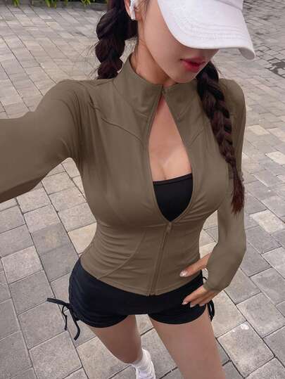 DAZY 女式纯色弹力立领修身长袖夹克，运动休闲，春秋季