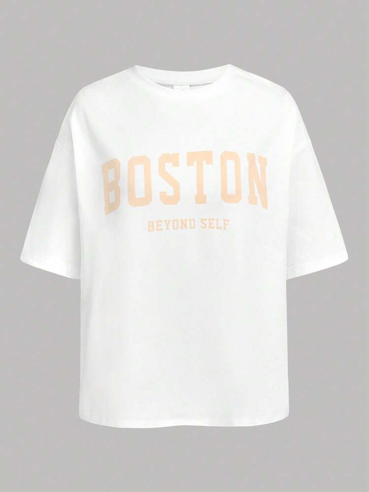 SHEIN Conjunto de 2 peças para meninas adolescentes casual slogan estampa contraste cor bainha dividida calças - Rosa - Ver 6