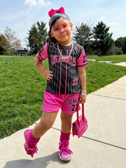 2pcs/Set Young Girl Casual Fashion Rose Red Striped Loose T-Shirt And Shorts Set, Girls Los Angeles Outfit, For Back To School