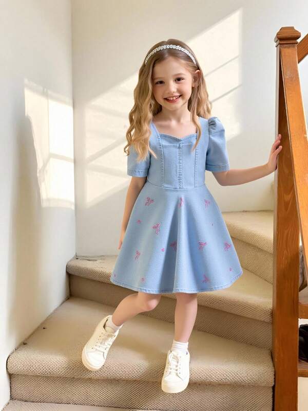 Young Girl Short Sleeve Denim Dress, Casual & Comfortable For Spring/Summer! Adorned With Embroidered Bow & Heart, Lively & Cute. Fitted Design, Flattering Slim Silhouette. Suitable For Dates, Campus, Daily Wear, Beach Vacations, Effortlessly Creates A Youthful Vibe! Casual Dresses For Girls Cute Dresses For Kids