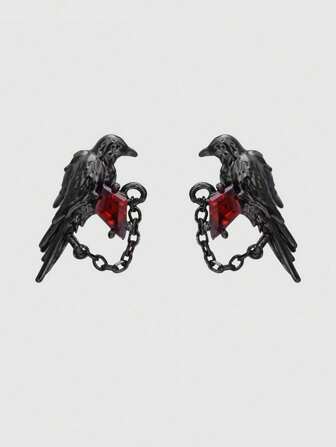 Goth Gothic Style Dark Raven Gemstone Stud Earrings, Retro Vintage Design