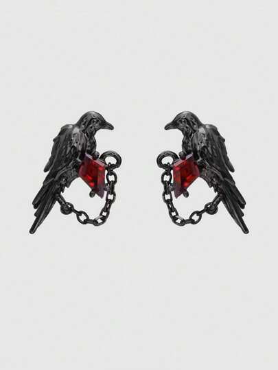 Gothic Style Dark Raven Gemstone Stud Earrings, Retro Vintage Design, Halloween