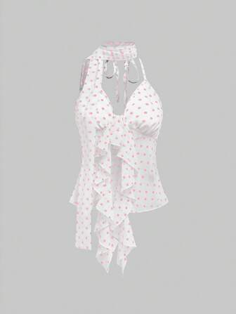 Canottiera da donna in chiffon a pois con stampa integrale, decorazione con balze e collo in stile Y2K, sexy