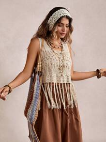 SHEIN VCAY 大码女式宽松针织上衣，流苏下摆，休闲钩针背心，可爱夏季上衣，适合夏季复活节、节日、锐舞派对、波西米亚风、毕业典礼、婚礼宾客、女士度假、波西米亚风音乐节、乡村音乐会、早午餐等场合。 - 杏色 - 查看 4