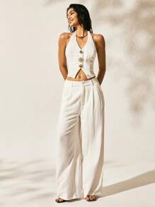 Easelle Pantalon droit à fente à l'ourlet en V pour femmes, parfait pour les vacances et les moments romantiques - Blanc - Voir 5