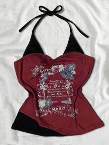 Top de cuello de halter con bloqueo de color y estampado de eslogan de moda de verano - Burdeos - Ver 4