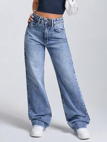 EURMUSE Pantalones vaqueros rectos de ajuste relajado y lavados, para uso casual de todos los días - Azul lavado medio - Ver 1