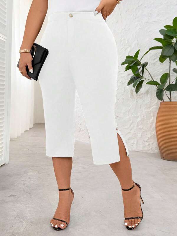 SHEIN Clasi Plus Size Women Fashion Elegant Minimalist Business Commute Versatile Fastener Decorated Slit Slim Capri Pants, Summer Ladies