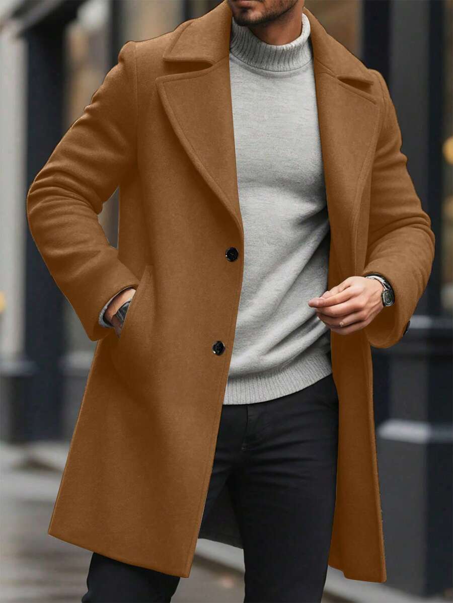 Manfinity Homme 男士纯色翻领长袖单排扣休闲大衣男士外套男士冬季外套棕色外套驼色外套。送给男朋友或丈夫的绝佳礼物。 - 摩卡棕 - 查看 1