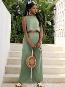 SHEIN Stylish Long Vacation T-Shirt Co-Ords For Teen Girls In Lightweight Olive Green Fabric Two Piece Pants Set Women Two Piece Sets Green Two Piece Set Casual Two Piece Set Vacation Two Piece Set - Olive Green - View 5