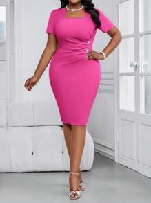 SHEIN Lady Vestido elegante de unicolor con mangas cortas y volantes para mujer talla grande - Rosa Fucsia - Ver 4