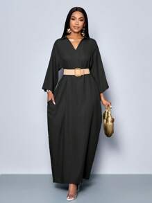 SOLERSUN Women's Fashionable V Neck Loose Batwing Sleeve Without Belt Dress For Holiday Maxi Women Outfit - Black - View 5