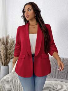 SHEIN LUNE Áo khoác blazer nữ màu trơn cổ tròn tay nhún thường ngày cỡ lớn Áo khoác blazer nữ màu đỏ Áo khoác blazer nữ màu đỏ Áo khoác vest màu đỏ cho mùa thu/đông - Đỏ - Xem 7