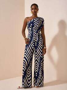 Zivah 2025 夏季新款假日优雅通勤单肩聚拢皇家蓝印花女式连体裤，日常旅行，休闲，朋友聚会，旅行，毕业装，早午餐装，返校，通勤，百搭