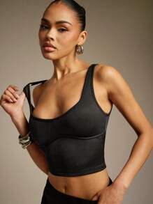 Hauture 性感夏季休闲甜心领口紧身短款背心 - 黑色 - 查看 2